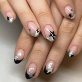 Short Square Fake Nails Y2K Style Nails Press on White/Black French Tips Star Diamond Designs False Nails for y2k Girls 24Pcs